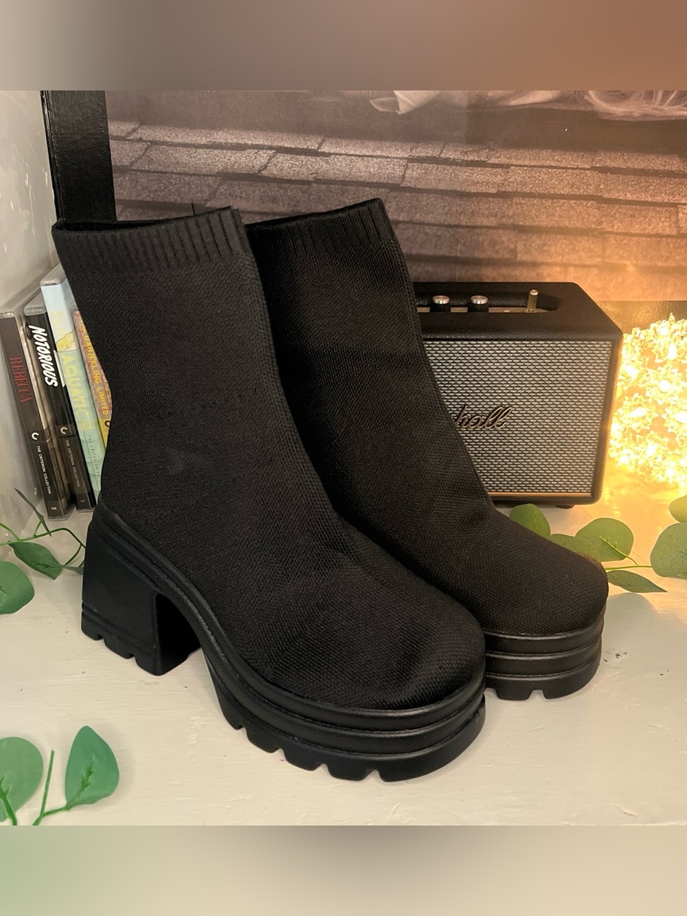 Black Knit Platform Ankle Boots - Sock Boots